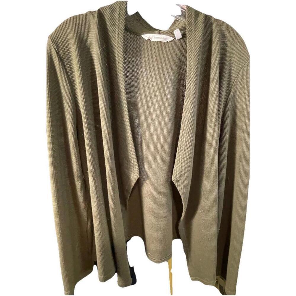 Soft Surroundings Green Open Front Waterfall Waffle Knit Cardigan Size Large